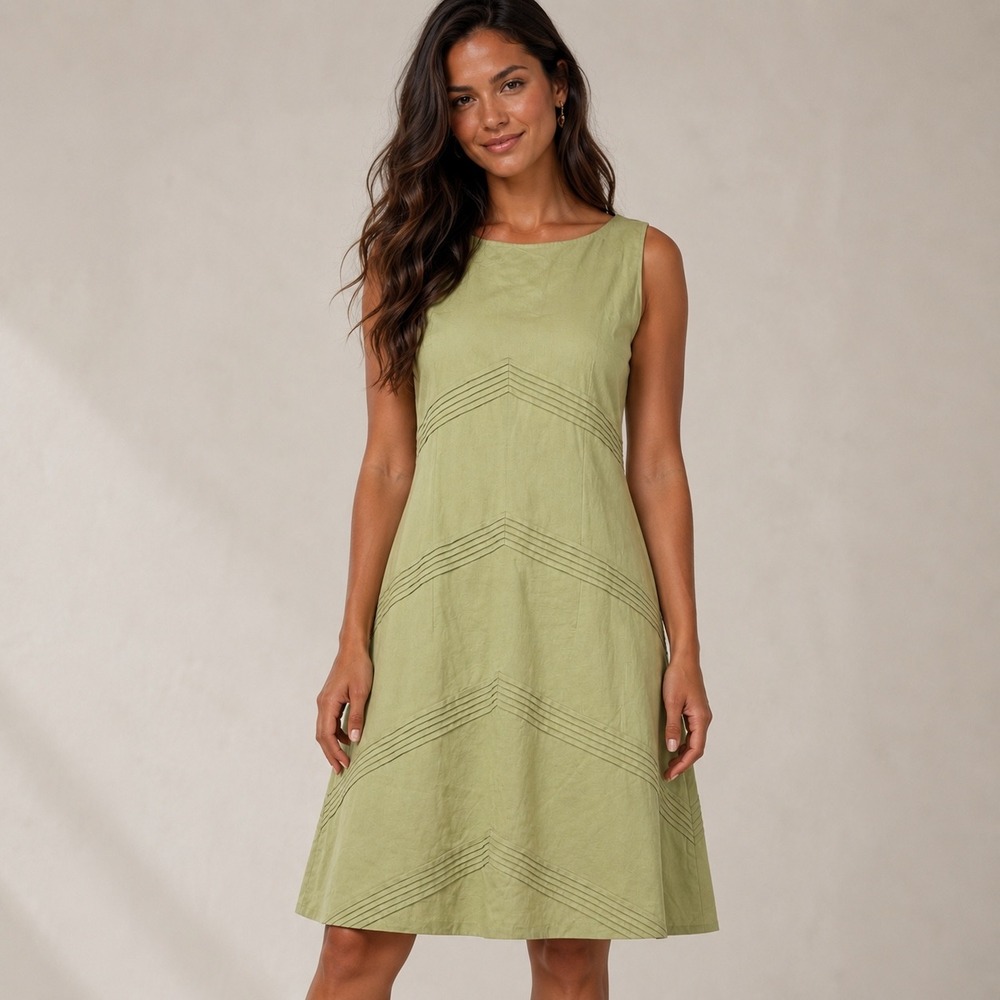 Adrianna Papell Sage Green Linen Blend Pintuck Chevron A-Line Dress Womens 6